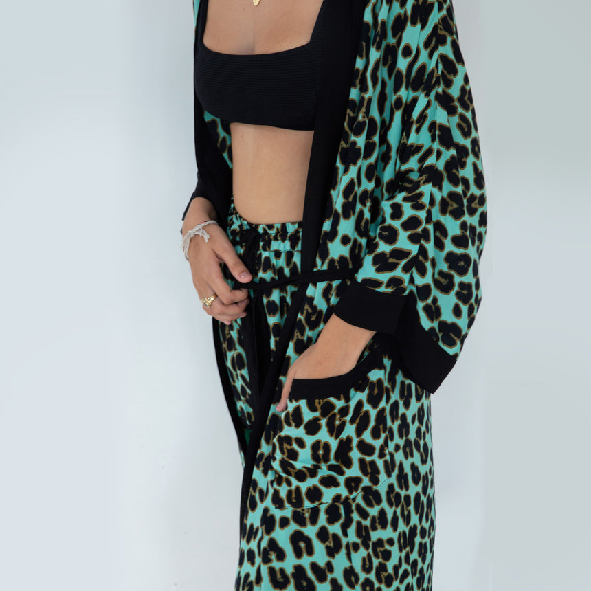 Long Leopard Kimono and Short Set
